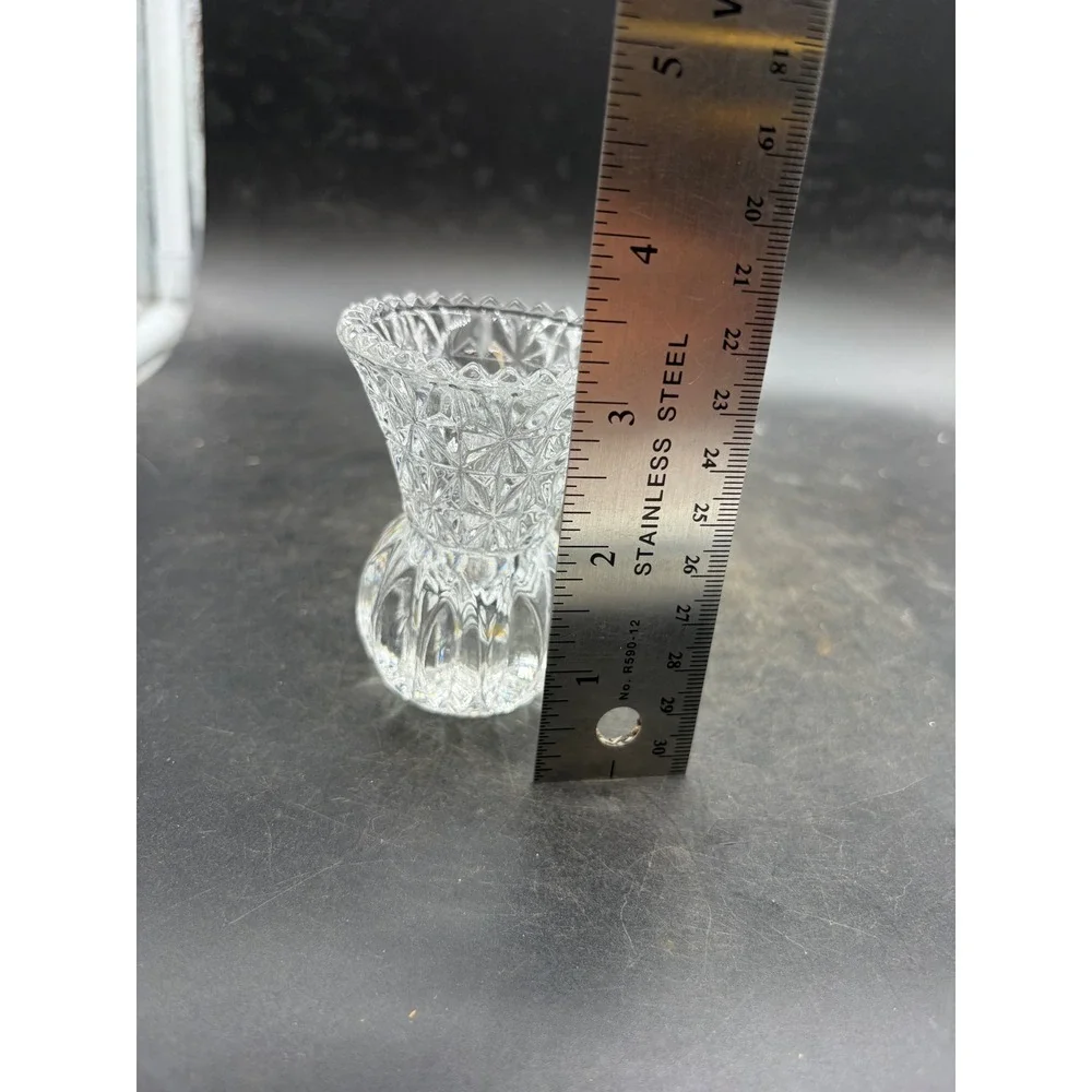 Vintage Cut Glass Bud Vase Clear Crystal Diamond Pattern Scalloped Rim 3.25in